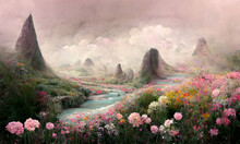 Dreamy Surreal Landscape Small  River , And Flower Field, Pastel Colours, Desaturated, Digital Illustration