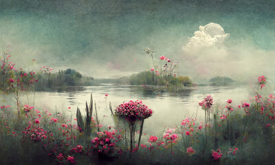 dreamy surreal landscape lake , vegetation and flowers, pastel colours, desaturated, digital illustration