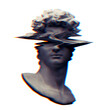 Digital offset CMYK offset misprint mode illustration of classical male head bust sculpture from 3D rendering in the style of corrupted modern glitch art graphics isolated on black background.