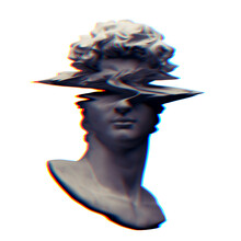 Digital Offset CMYK Offset Misprint Mode Illustration Of Classical Male Head Bust Sculpture From 3D Rendering In The Style Of Corrupted Modern Glitch Art Graphics Isolated On Black Background.