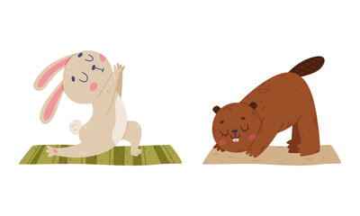 Poster - Cute animals doing yoga. Cat and beaver performing yoga asanas set cartoon vector illustration