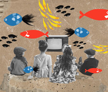 Art Collage With Cute School Age Kids Watching Retro Tv Set Isolated On Gray Background With Drawn Fish. Childhood, Education, Surrealism