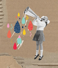 Art Collage With Cheerful School Age Girl Shouting At Megaphone Isolated On Grey Paper Effect Background. Education, Studying, Back To School Concept.