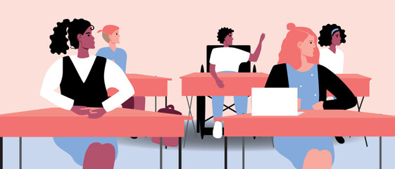 Wall Mural - Inclusive group of students at desk in classroom at school, flat vector stock illustration with children, including African student, disabled person