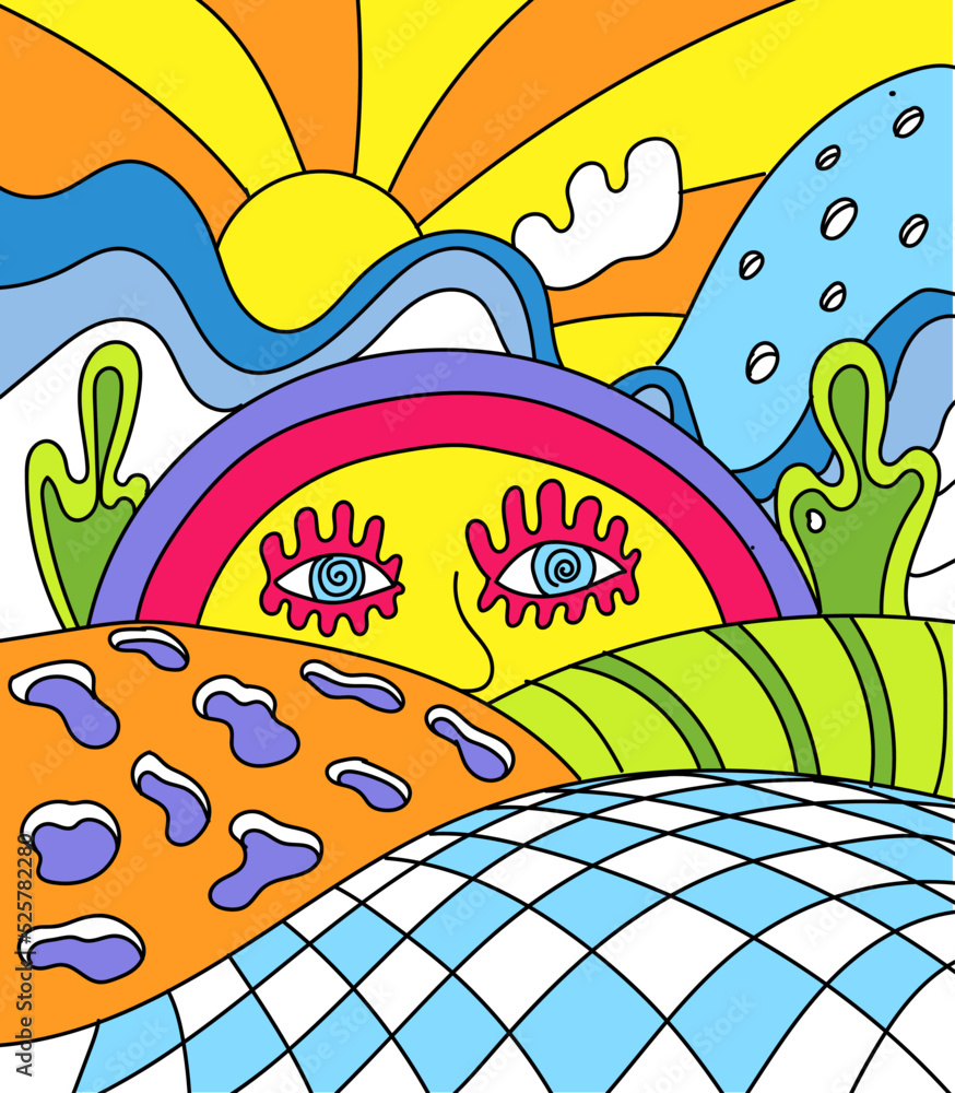 Psychedelic Art Landscape, Reto print hippie skies and rainbow, Vintage  style groovy Poster Stock Vector | Adobe Stock, image size:874x1000
