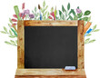 Watercolor black school chalkboard in wooden frame with flowers and grass