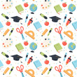 School seamless pattern. Supplies and equipment for learning. Cute vector illustration in flat cartoon style