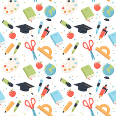 School seamless pattern. Supplies and equipment for learning. Cute vector illustration in flat cartoon style