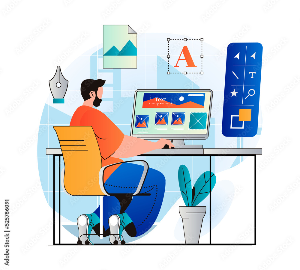 Design studio concept in modern flat design. Man designer creates ...
