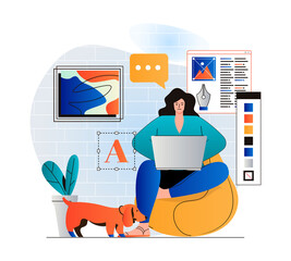 Freelance working concept in modern flat design. Woman designer is working on creative project on laptop from home studio. Illustrator draws graphic elements and performs tasks. Web illustration