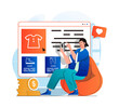 Mobile commerce concept in modern flat design. Woman chooses clothing on web site of store and pays for purchases in mobile app. Online shopping, bargain purchases, e-business. Web illustration