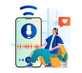 Aufkleber - Podcast streaming concept in modern flat design. Woman with headphones is enjoying podcast or listening music using mobile app. Host talking in microphone at live radio show. Web illustration