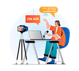 Aufkleber - Podcast streaming concept in modern flat design. Woman with headphones talking in microphone at live radio show and recording on video camera at studio. Blogger live broadcasting. Web illustration