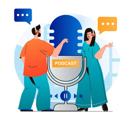 Aufkleber - Podcast streaming concept in modern flat design. Woman and man in headphones talking in microphone at live radio show at studio. Host and guest discussing at live broadcasting. Web illustration