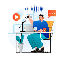Aufkleber - Podcast streaming concept in modern flat design. Man talking in microphone at live radio show at studio. Blogger in live broadcasting and communicates with listeners using laptop. Web illustration