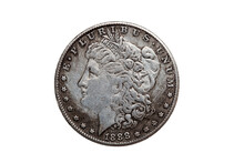 USA One Dollar Morgan Silver Coin Replica Dated 1880 With A Portrait Image Of Liberty On The Obverse, Png Stock Photo File Cut Out And Isolated On A Transparent Background