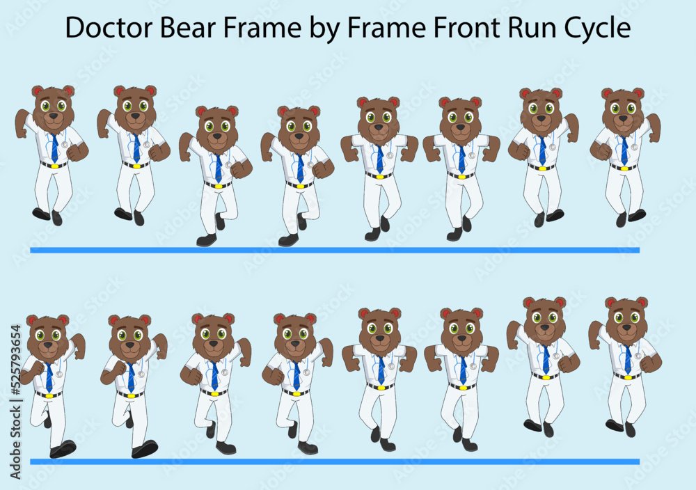 Cute Cartoon doctor bear front run cycle frame by frame with blue ...
