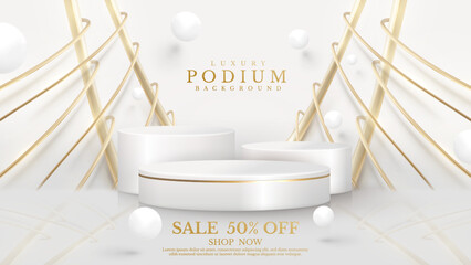 Wall Mural - Product display podium with golden curve line elements and ball with glitter light effect decoration. White luxury background.