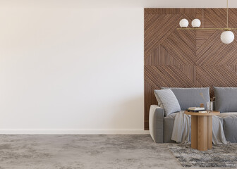 Wall Mural - Wallpaper presentation mock up. Empty white part of the wall in modern living room. Copy space for your wallpaper design, wall stickers, picture, other decoration. Interior mockup. 3D rendering.