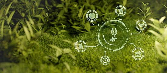 Wall Mural - ESG icon concept in the hand for environmental, social, and governance in sustainable and ethical business on the Network connection on a green background 3D Illustration