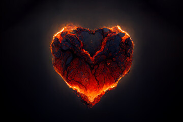 An unusual gift for Valentine's Day. Scorching fire in the shape of a heart. Beautiful heart made of fiery lava. Flame symbol of love