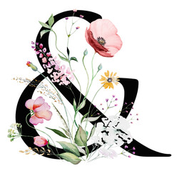 Wall Mural - Black symbol ampersand with watercolor wildflowers and leaves, isolated wedding element