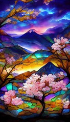 Colorful abstract multicolored bright cherry trees and mountains. Painted abstract mountains in japan and sakura. Stained glass stylization.