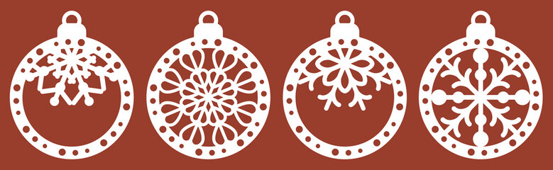 Wall Mural - Set of laser cut templates of Christmas decoration vector design. Merry Christmas balls with snowflakes for the Christmas tree. X-mas symbol for New Year decorations, paper and wood cutting, printing.