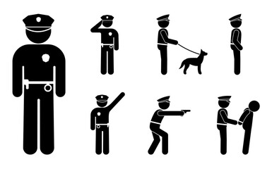 policeman icon, set of human silhouettes, police illustration, flat isolated vector