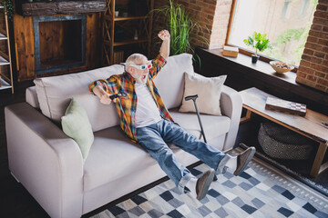 Poster - Photo of lucky funky retired man dressed plaid shirt 3d glasses watching movie sitting couch indoors apartment