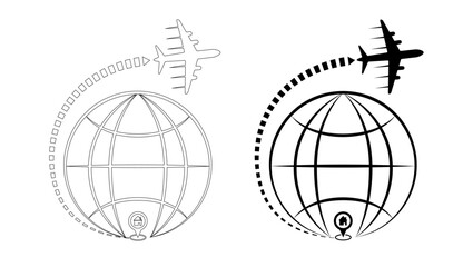 Airplane with globe, earth, pinpoint, house destination vector. Global travel, transport concept design to use for flight company, journey, business travel, holiday planning design projects. 