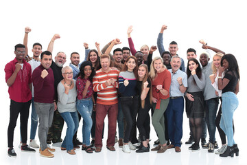 large group of different happy people standing together.