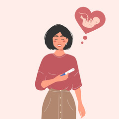 A happy pregnant girl holds a positive pregnancy test and thinks about the baby. Flat style illustration