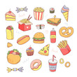 Fast food set of elements in a cute kawaii doodle style. Isolated junk food illustration.