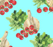 Seamless pattern with parsley, tomatoes and a wooden cutting board. Bright background for kitchen, wallpaper, textiles and office. Watercolor drawing of red juicy cherries.