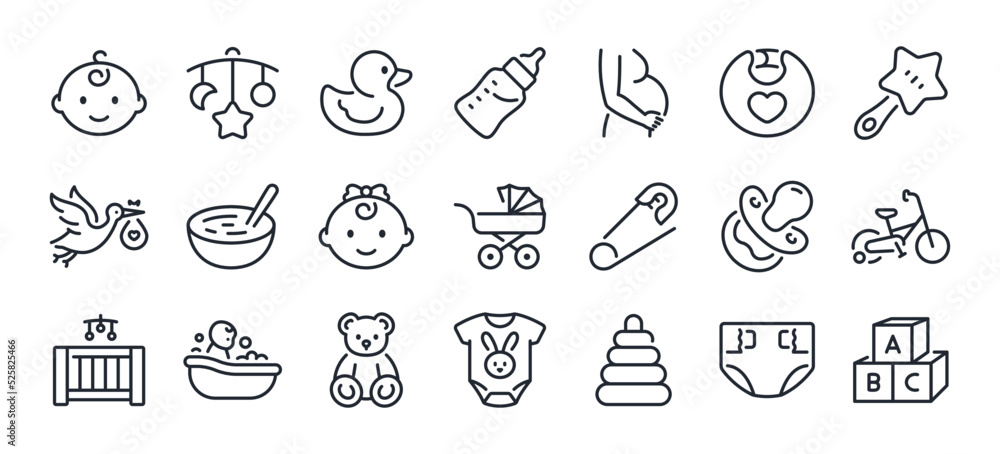 Baby care editable stroke outline icons set isolated on white ...