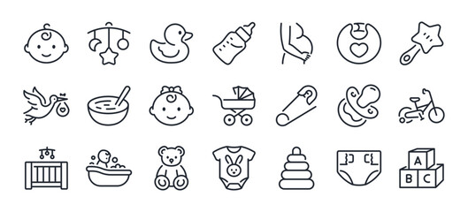 baby care editable stroke outline icons set isolated on white background flat vector illustration. p