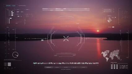 Wall Mural - erial view drone shot with head up display interface hud, cyber futuristic and technology concept, d