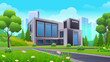 Modern School on the side of the street with green lawn, bush and trees vector illustration