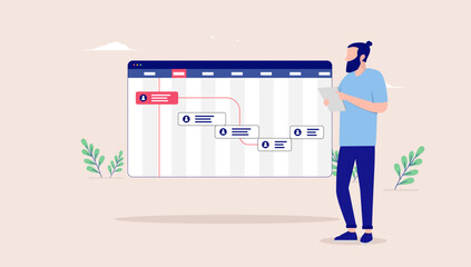 Wall Mural - project manager - man standing by computer with project management calendar software planning a busi