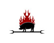 Pig silhouette with barbeque stick and fire behind