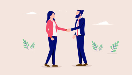 Aufkleber - Man and woman handshake - Businessman and businesswoman shaking hands in business deal and agreement. Flat design vector illustration