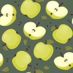 Seamless pattern of green apples, apple halves with leaves and seeds on a dark background. Vector illustration in flat style.