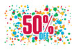 © bravissimos - Red inscription discount 50 off on the background of confetti. Price labele sale promotion market. clearance template