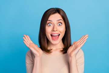 Sticker - Portrait of impressed overjoyed lady raise opened arms cant believe isolated on blue color background