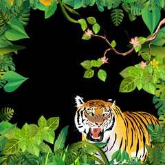 Wall Mural - Tiger of jungle in the green grass tropical plants, palm trees vector