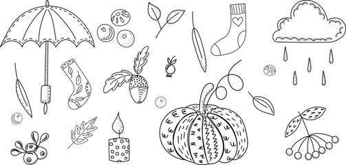 Wall Mural - autumn set, umbrella, pumpkin, sock in doodle style, sketch isolated