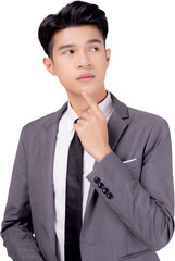 Poster - Portrait young asian business man in suit with smart thinking idea isolated png transparent file, businessman standing and planning for success, handsome manager or executive, emotion and expression.