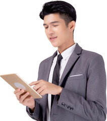 Portrait young asian business man in suit standing using tablet computer to internet isolated png transparent file, businessman confident touch screen digital pad with success, communication concept.