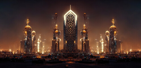 Night Arabic futuristic fantasy neon city. Eastern city panorama, night view of the city, Eastern architecture. 3D illustration.